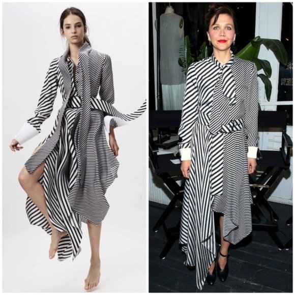MONSE Asymmetric Striped Silk Twill Bow Tie Midi Dress In White Black Size 2 - Picture 1 of 14